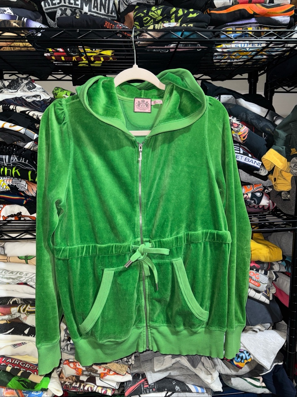Y2K Vintage Juicy Couture Like Green Velvet Zip Up Hoodie W/ Adjustable Waist Xl